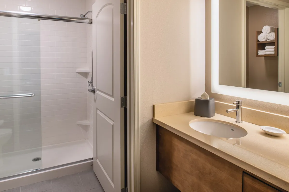 The image shows a modern bathroom with a sleek vanity, large mirror, and a spacious shower area. The design is fresh and accessible, suggesting both style and practical comfort.